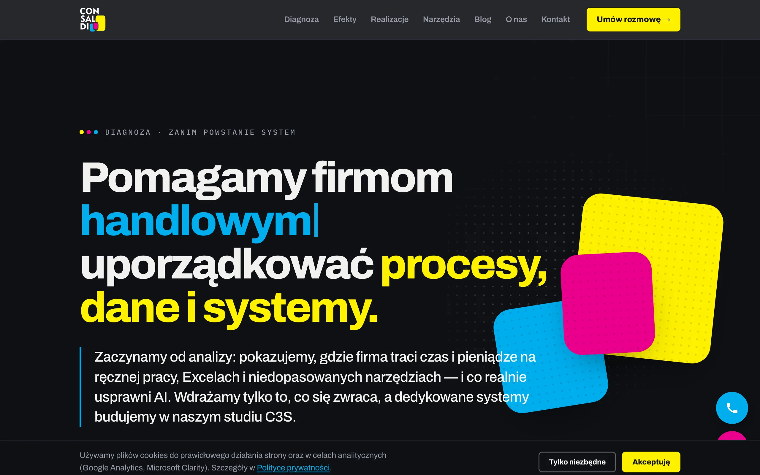 Odświeżona strona główna consaldi.pl - profesjonalny, uporządkowany layout z sekcją diagnozy procesów i technologii dla firm