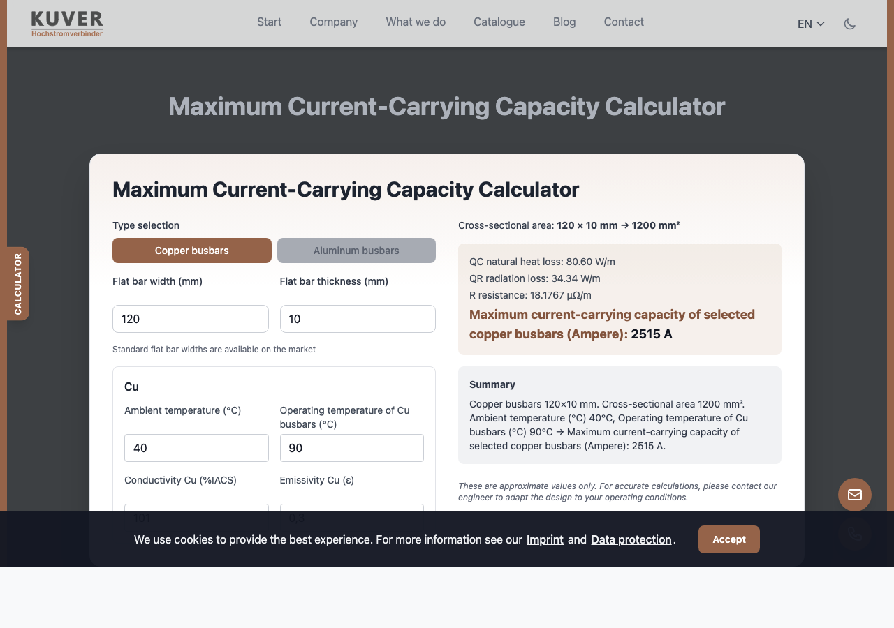 Maximum busbar current capacity calculator - KUVER GmbH