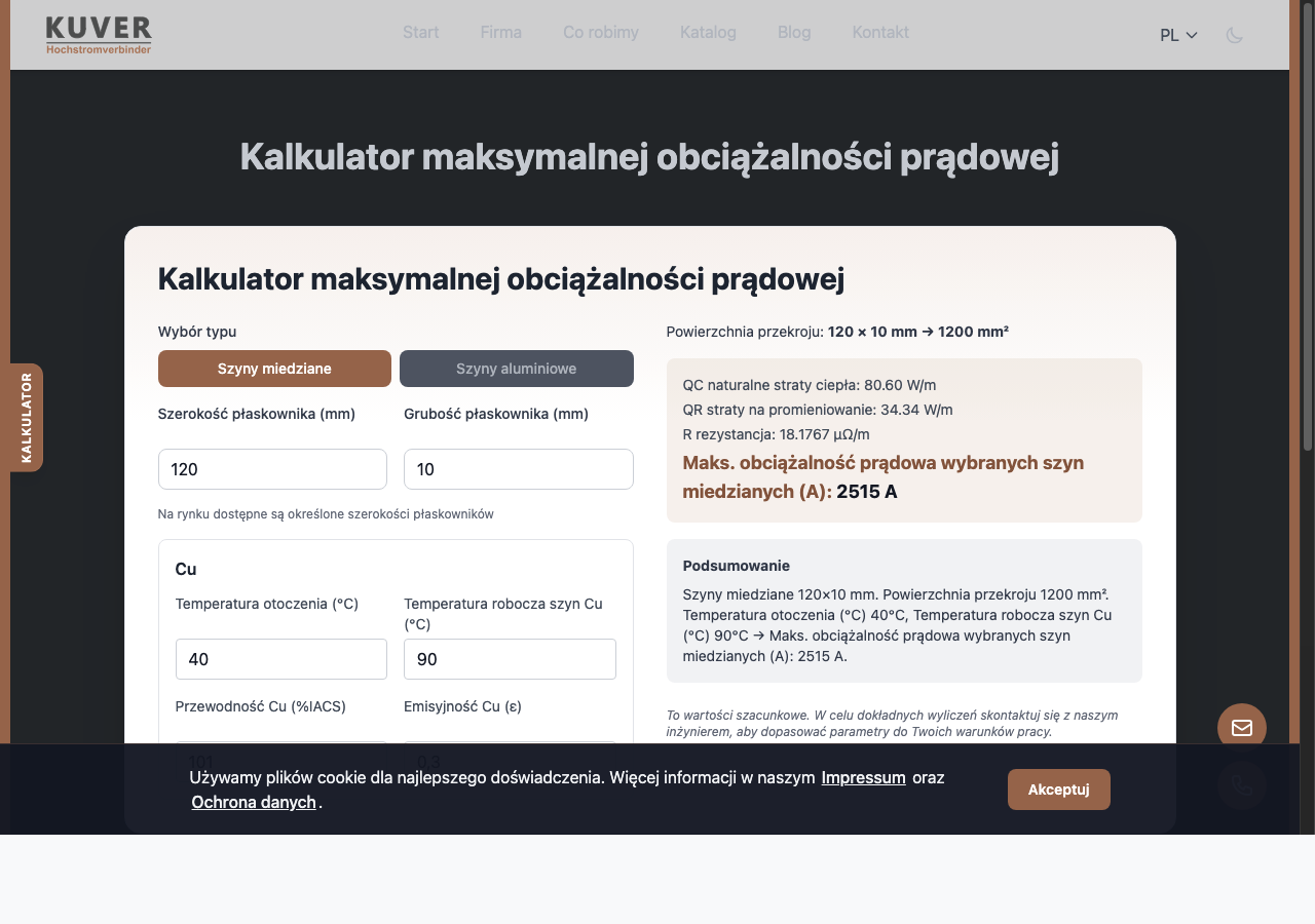 Kalkulator maksymalnej obciążalności prądowej szyn - KUVER GmbH