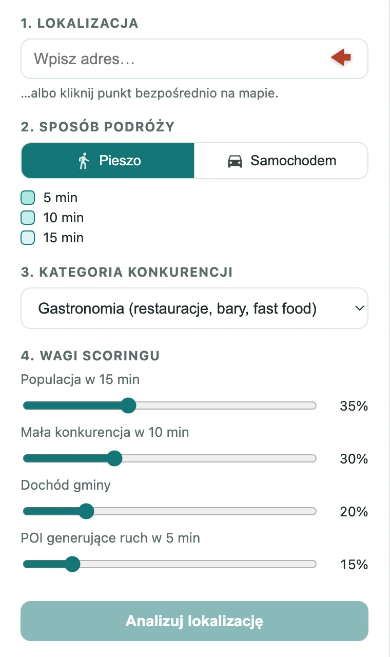 Panel konfiguracji analizy w localscope.pl: lokalizacja, sposób podróży pieszo lub samochodem, kategoria konkurencji i suwaki wag scoringu