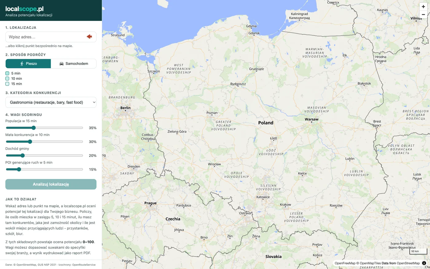 localscope.pl - mapa Polski z panelem analizy lokalizacji: adres, sposób podróży, kategoria konkurencji i wagi scoringu