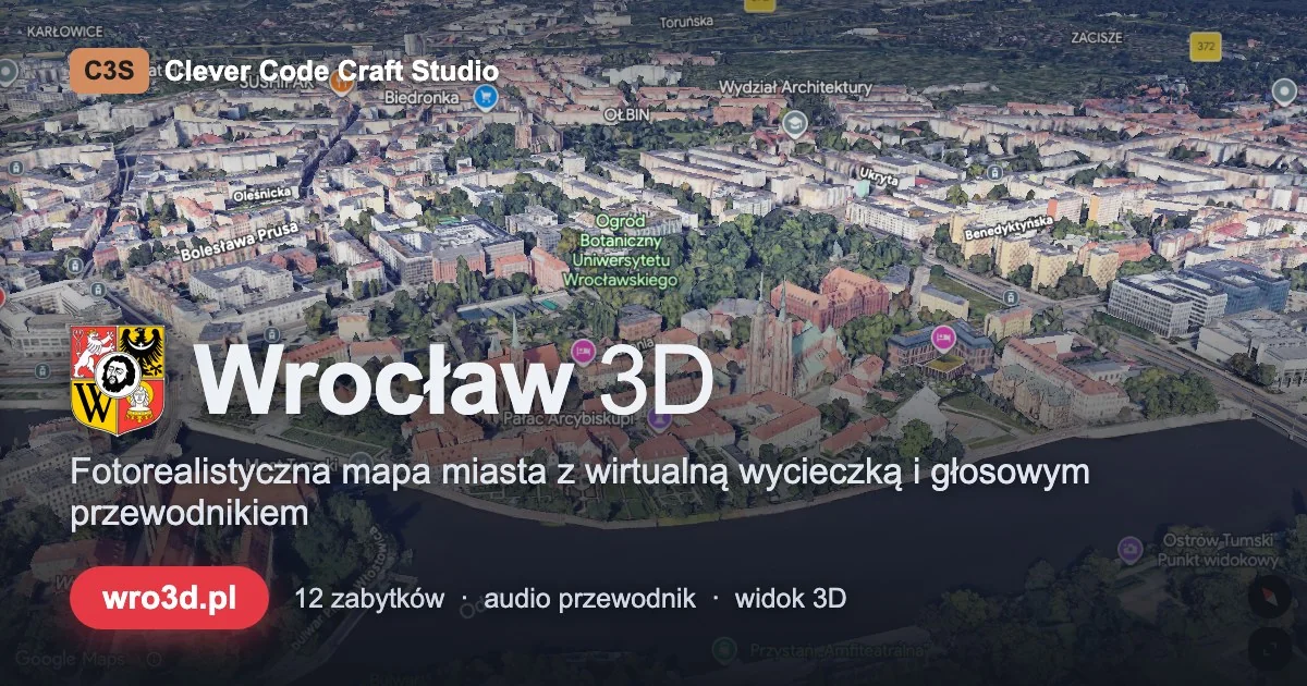Fotorealistyczny widok 3D Ostrowa Tumskiego na wro3d.pl - kafelki Photorealistic 3D Tiles Google
