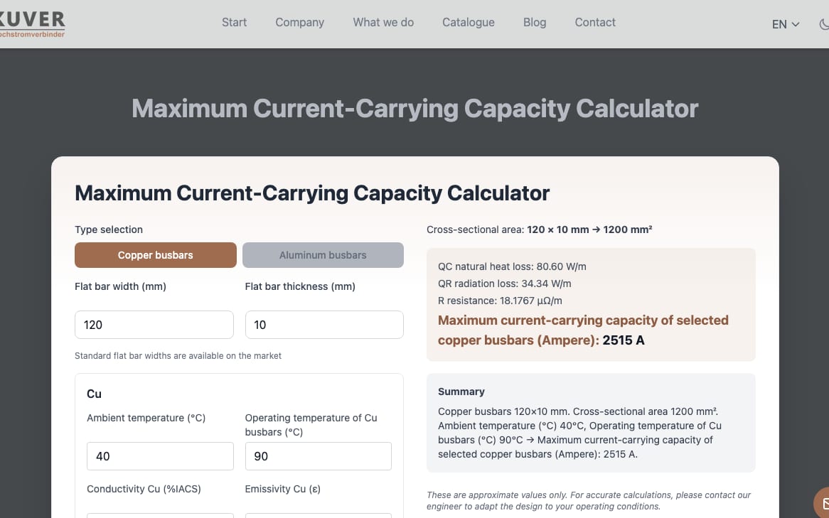 The current-carrying capacity calculator for busbars: dimensions and temperatures on the left, the result of 2,515 A on the right.