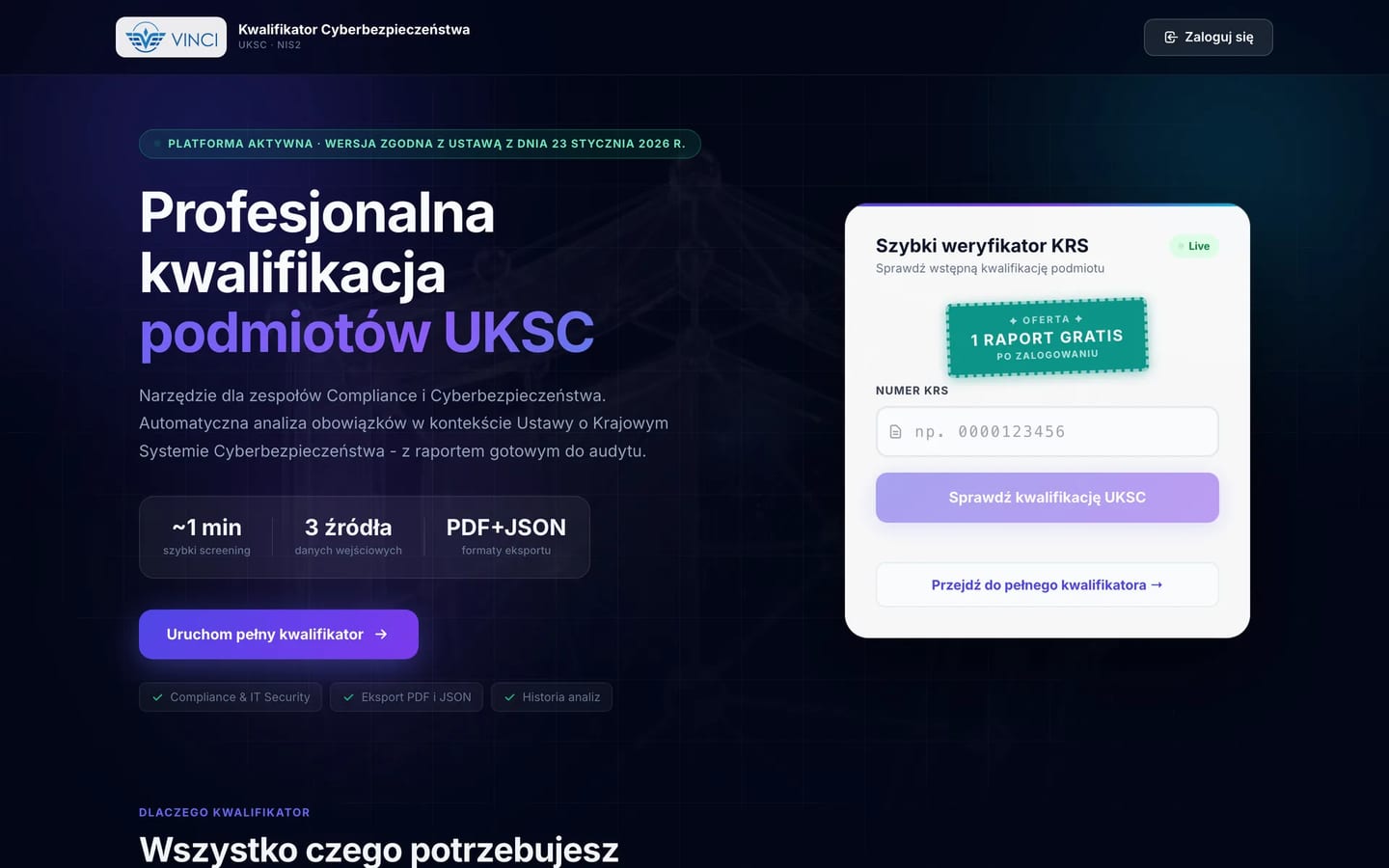 The uksc.pl home page: the headline “Profesjonalna kwalifikacja podmiotów UKSC” (Professional qualification of UKSC entities) and a quick check with a field for a KRS number.